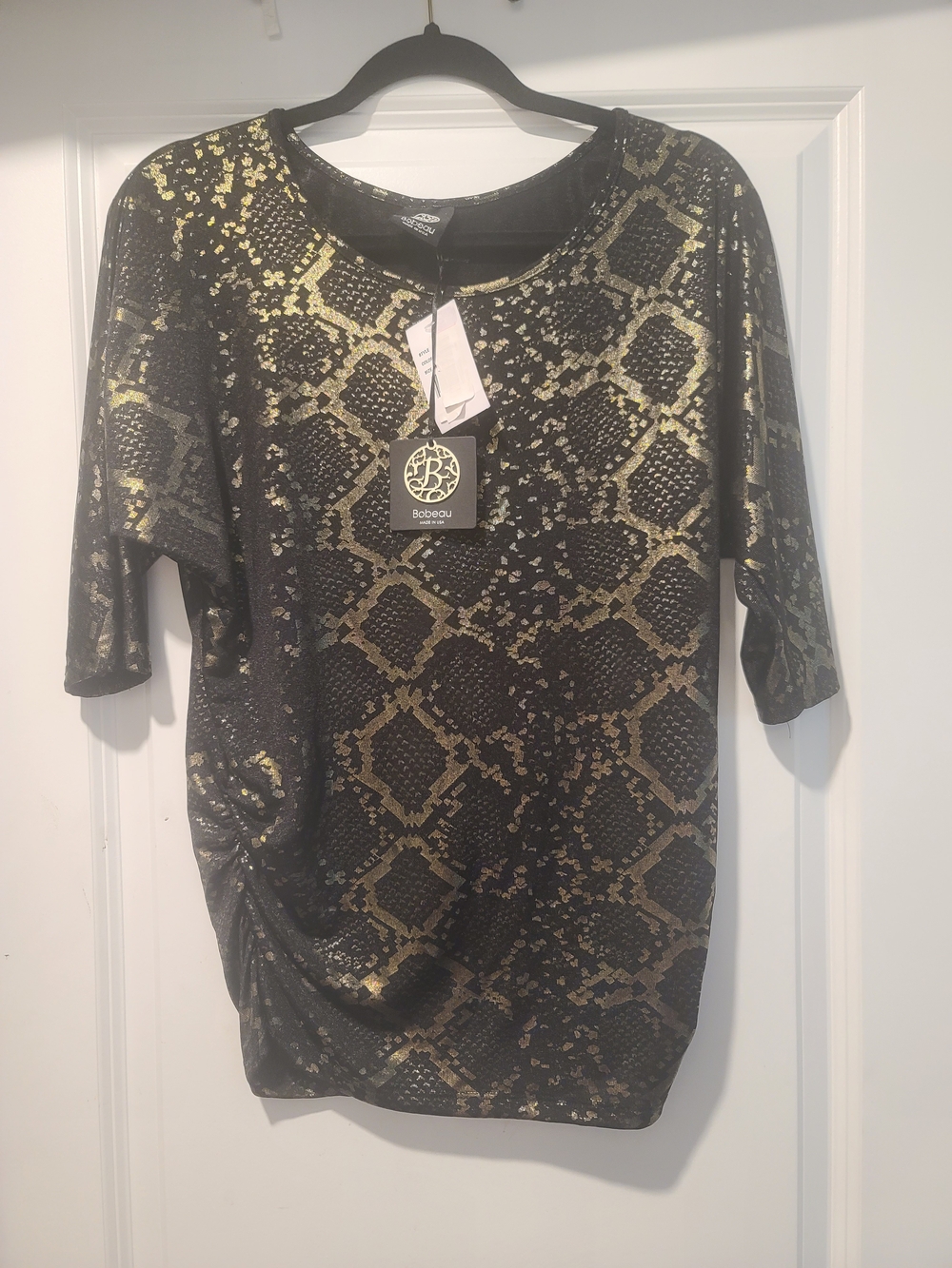 bobeau Metallic Gold & Black Snake-Print Short Sleeve Tunic